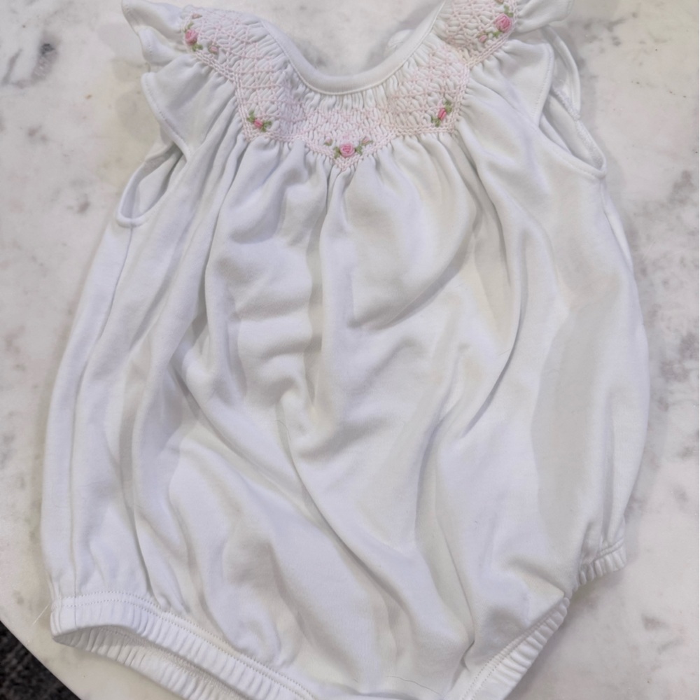 Smocked Baby Bodysuit with Pink Rose Detail - Picture 2 of 3